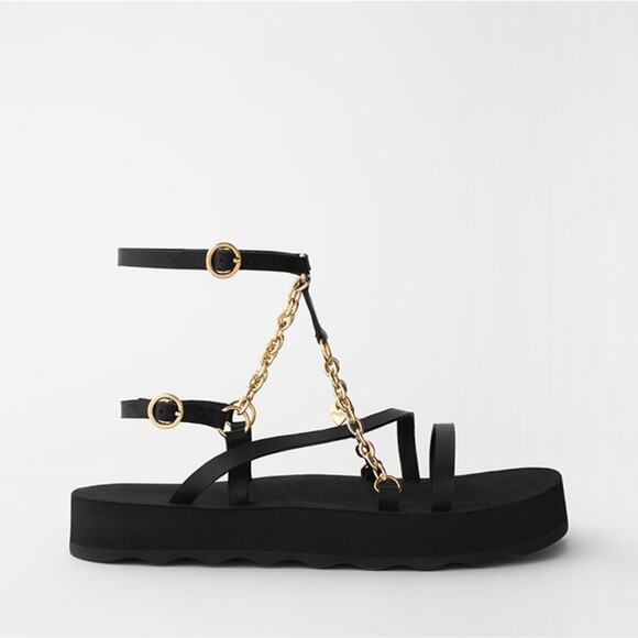 NEW Maje Frankie Chain Trimmed Charm Black Leather Platform Sandal - Picture 5 of 13